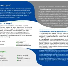 Grafika przedstawia fragment artykułu o cukrzycy z nagłówkami i listami punktowanymi.