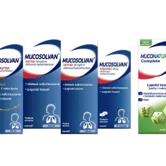Kilka opakowań leków Mucosolvan (syropy, tabletki) i Muconatural Complete.