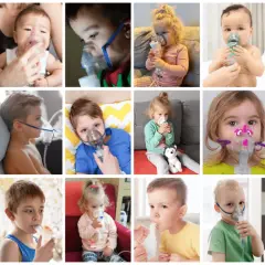 Kolaż zdjęć dzieci w różnym wieku używających inhalatorów nebulizatorów.