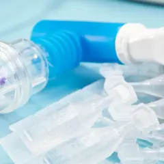 Inhalator, ampułki z lekiem do inhalacji i maseczka na niebieskim tle.