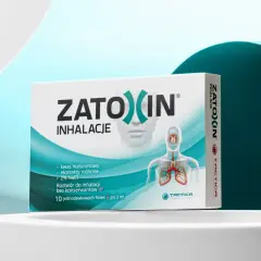 Opakowanie leku Zatoxin Inhalacje z grafiką układu oddechowego.