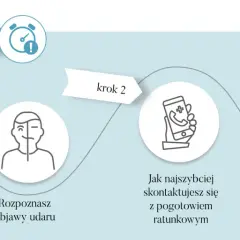 Grafika przedstawia schemat postępowania przy udarze mózgu: rozpoznanie objawów, kontakt z pogotowiem, leczenie.