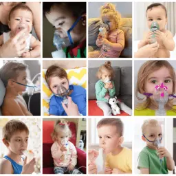 Kolaż zdjęć dzieci w różnym wieku używających inhalatorów nebulizatorów.