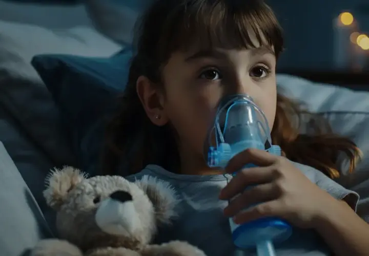 Dziewczynka z misiem robiąca inhalację nebulizatorem.