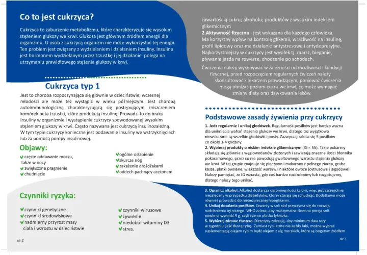 Grafika przedstawia fragment artykułu o cukrzycy z nagłówkami i listami punktowanymi.