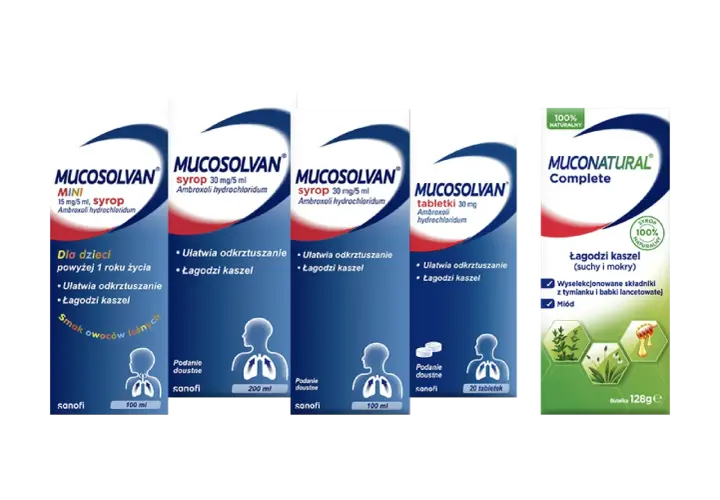 Kilka opakowań leków Mucosolvan (syropy, tabletki) i Muconatural Complete.