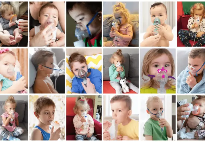 Kolaż zdjęć dzieci w różnym wieku używających inhalatorów nebulizatorów.