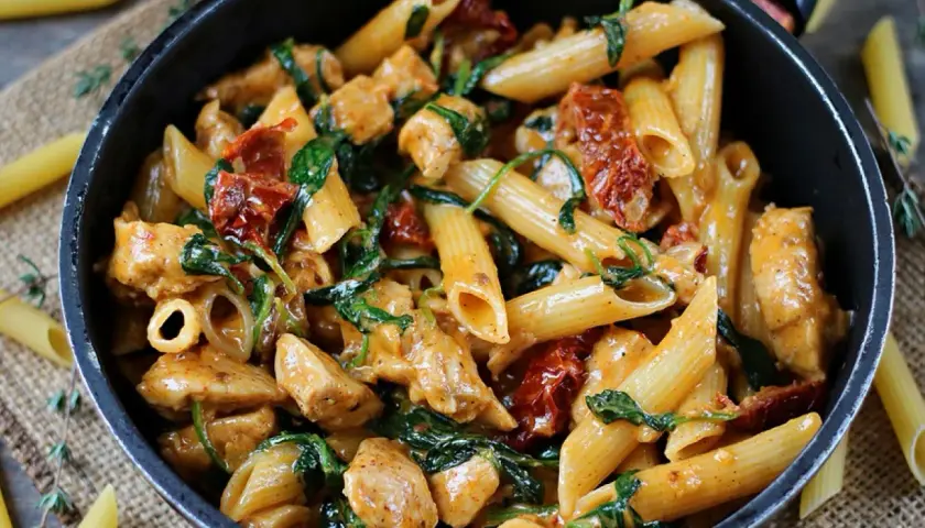 Penne z kurczakiem, szpinakiem i suszonymi pomidorami w kremowym sosie. Pyszne danie, które zachwyci każdego miłośnika makaronu.