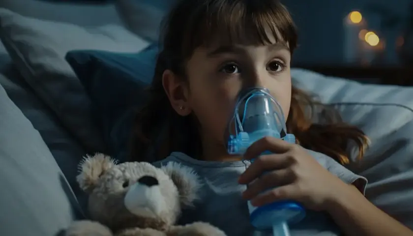 Dziewczynka z misiem robiąca inhalację nebulizatorem.