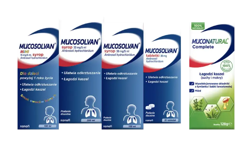 Kilka opakowań leków Mucosolvan (syropy, tabletki) i Muconatural Complete.