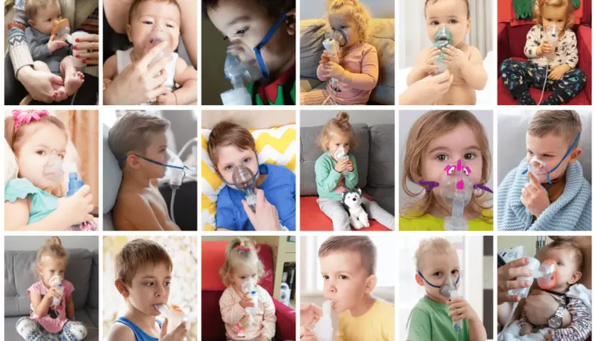 Kolaż zdjęć dzieci w różnym wieku używających inhalatorów nebulizatorów.