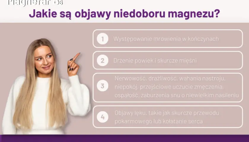 Kobieta wskazuje na listę objawów niedoboru magnezu: mrowienie, drżenie powiek, nerwowość, lęk.
